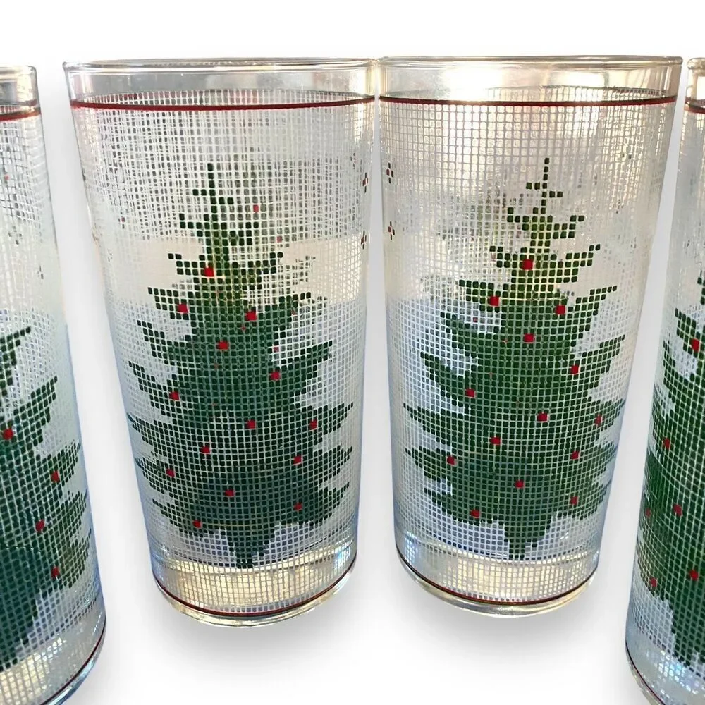 Vintage 4 pc CULVER Needlepoint Holiday Christmas Tree Glasses Highball Tumbler
